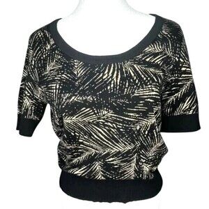 Michael Michael Kors Black Gold Palm Print Short Sleeve Knit Sweater Top Medium